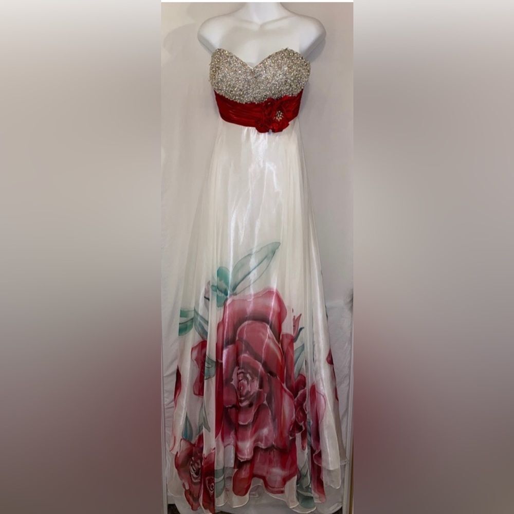 Mac Duggal white with red roses prom dress. Discontinued Size 10